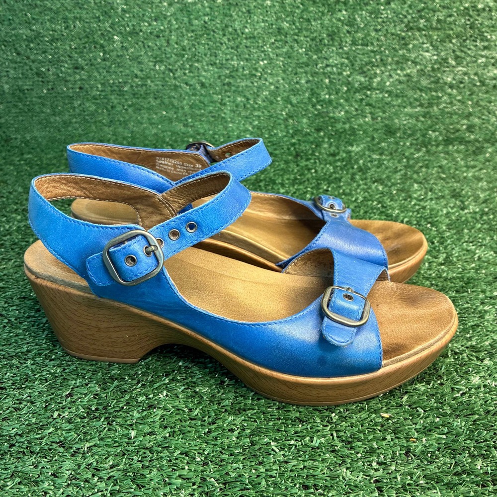 Dansko Thea Clog Leather Buckle Strap Platform Wedge Sandal Blue Womens Sz 8.5-9